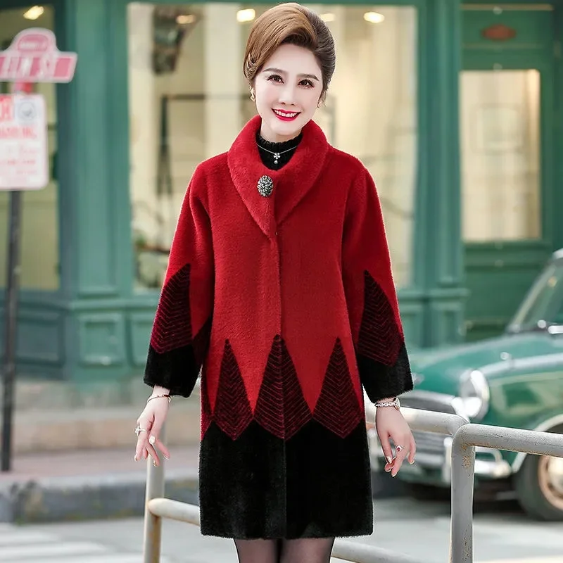 Mom\'s Winter Mink Fleece Coat Mid length Western Style New Middle Old Age 2023 Autumn/Winter lmitation Mink Fleece Coat Commuter