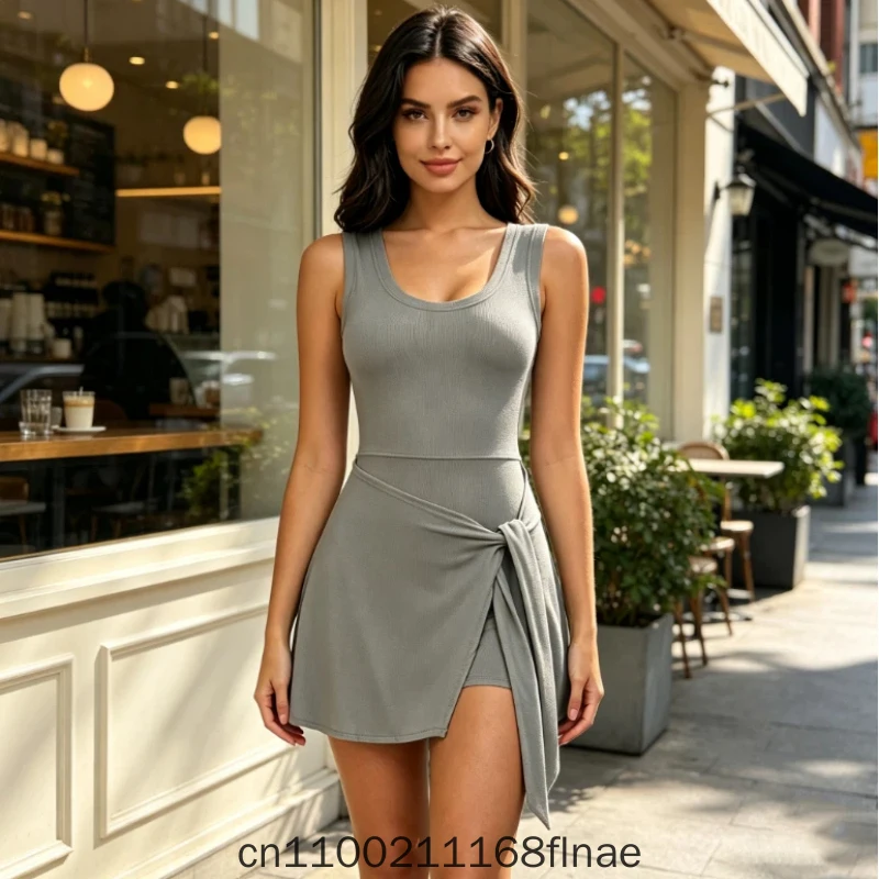 2026 New European and American Modern Dance Dress, Women's Fake Two Piece Anti Light Tight Sports Dress