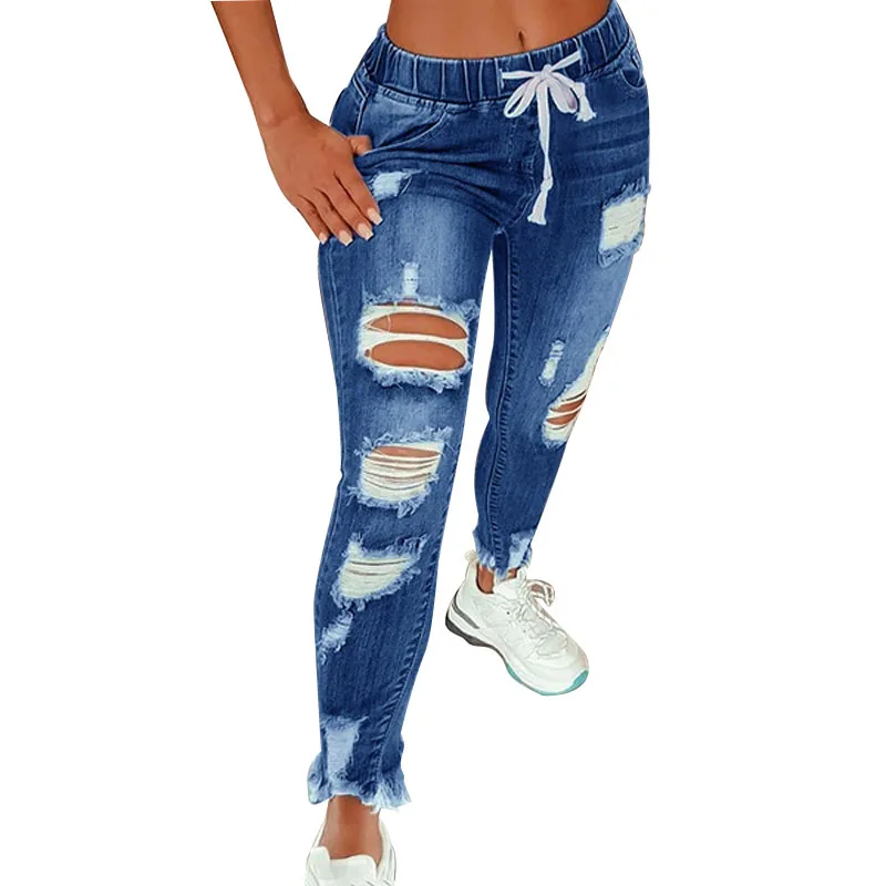 2022 Hot Sale Women Ripped Elastic Waist Jeans Fashion Slim High Stretch Denim Pencil Pants Large Size Trousers S-5XL Drop Ship