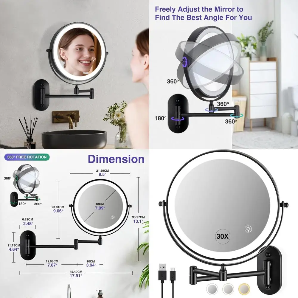 Miroir de maquillage éclairé par LED double face 8.5, grossissement 30X/1X, miroir de vanité de salle de bain noir