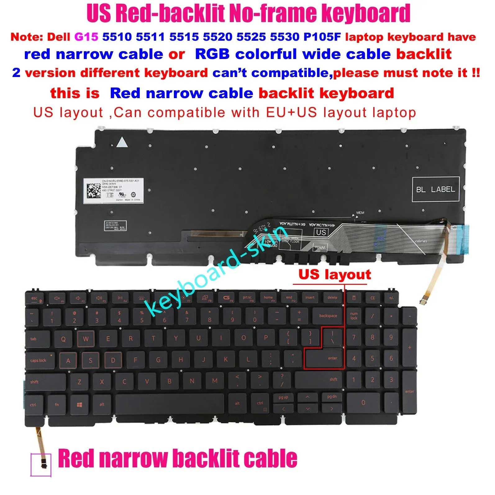 New US Keyboard Red letter Backlit for Dell G15 (5510),G15 (5511),G15 (5515),G15 (5520),G15 (5525),G15 (5530) P105F laptop