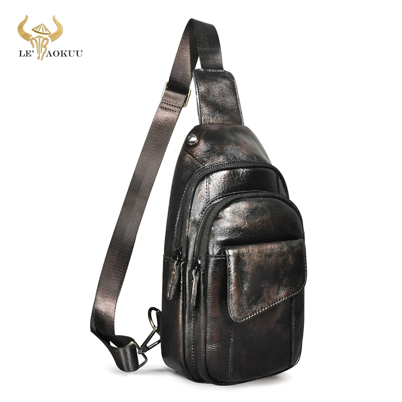 

Genuine Real Leather Men Coffee Retro Travel Triangle Chest Sling Bag Design 8" Tablet One Shoulder Strap Bag Daypack Male 8013