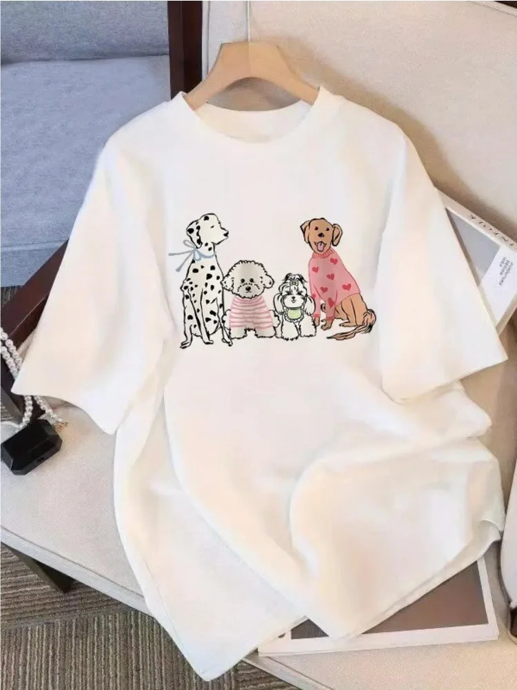 Ladies' Short Sleeved T-shirt with Cute Spotted Poodle and Heart-shaped Striped Dog Print Top Casual Round Neck Top Daily Wear