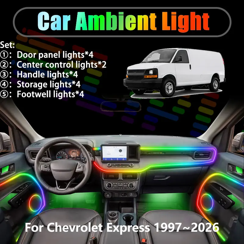Para Chevrolet Express 1997~2026 GMC Savan 2/18 en 1, Iluminación Ambiental para Auto, Luces LED Interiores para Maletero, Luces LED USB RGB, Conjunto de Luces Decorativas