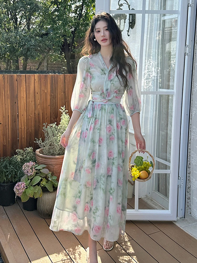 

Sweet Gentle Floral Chiffon Skirt 2 Piece Set Women's Clothing Bandage Tops Shirt Blouse Pleated Long Skirts Holiday Date Outfit