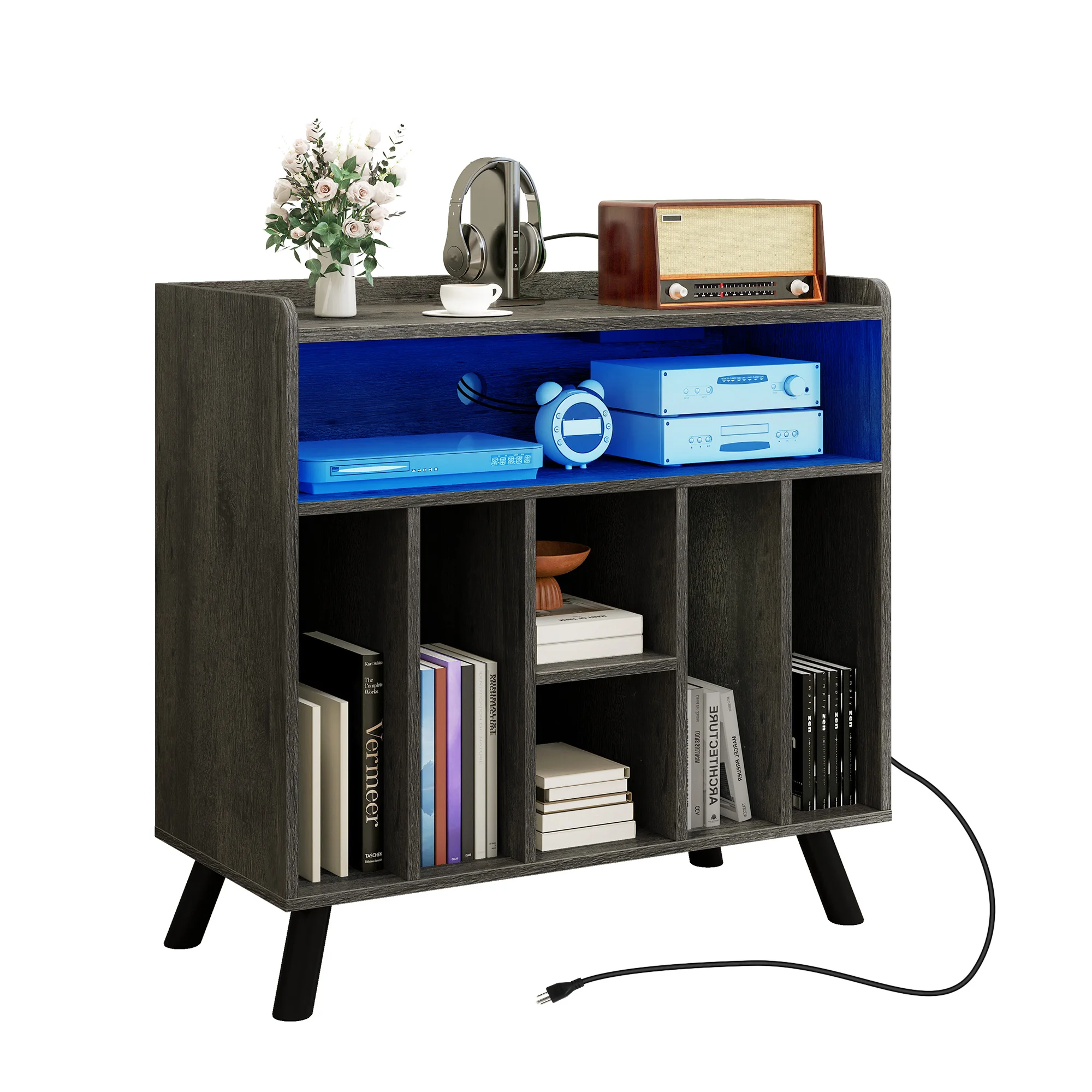 LED Vinyl Record Player Stand Turntable Stand with Power Outlets and Solid Legs