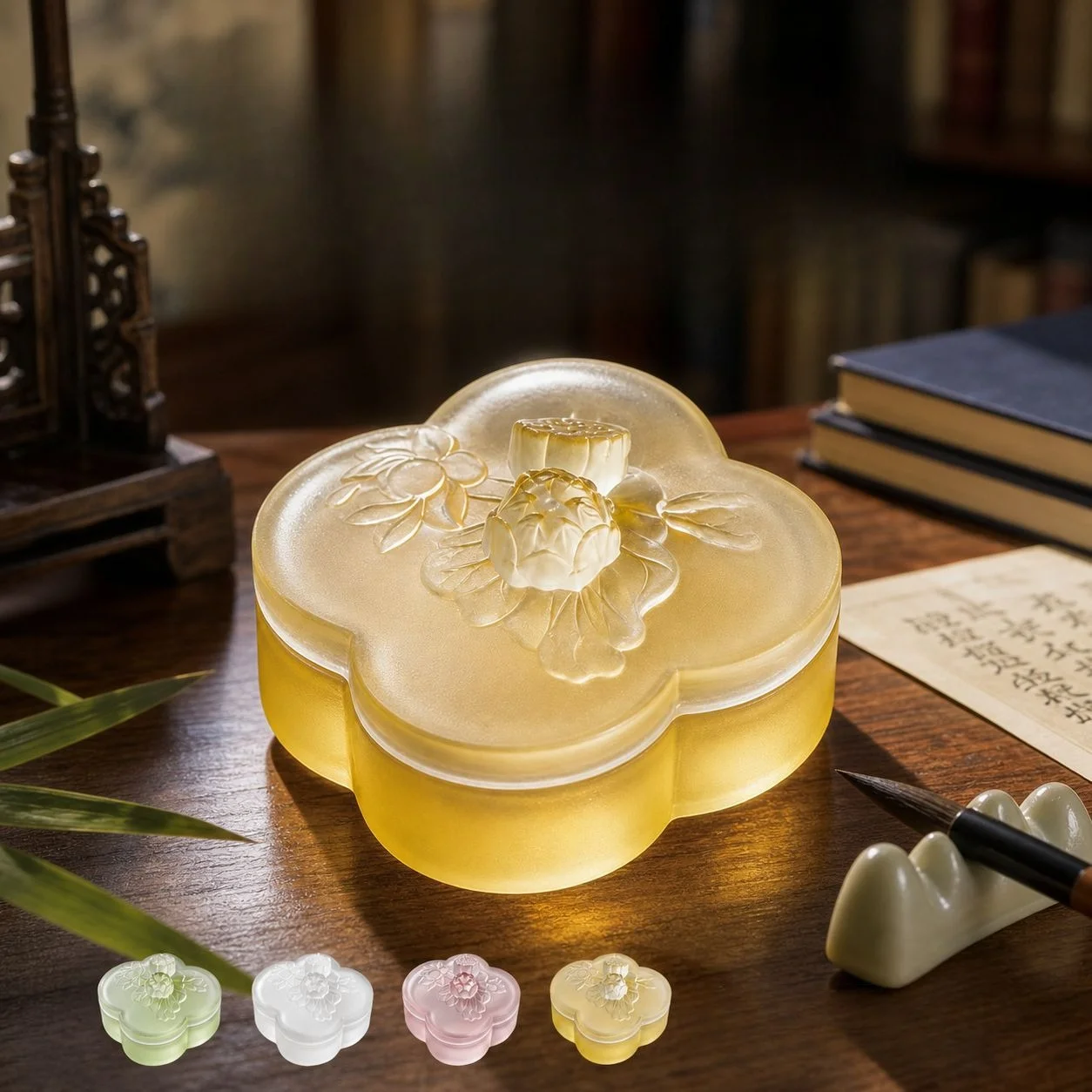 New Chinese Style Lotus Ink Cartridge with Lid Non Drying Ink Paste Box High Aesthetic Colored Glass Lotus Pen Rest Study Decor