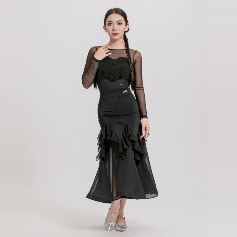 Robes de concours de danse latine pour adultes, Costume de danse de salon pour femmes, manches en maille, haut Latin, jupe de danse moderne SL12899