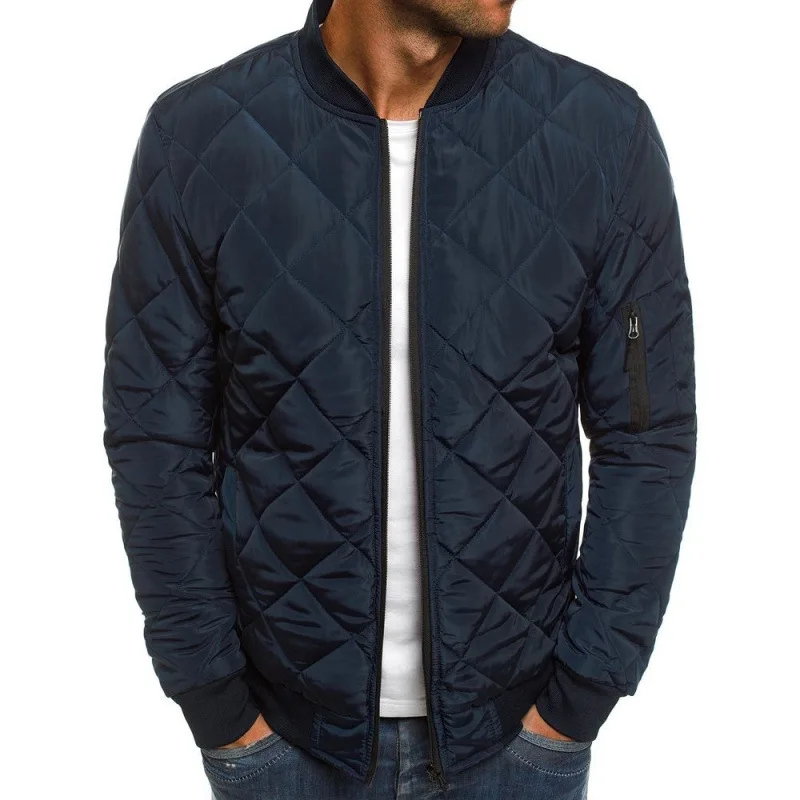 Men's Pure Color Jacket Cotton Coat Diamond Pattern Stand Collar Short Style Casual Wear Ultra-Thin Children's Fit with Pockets