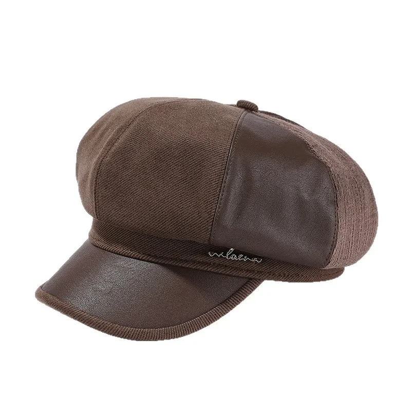 

Octagonal Beret Big Head Circumference Spring And Autumn Style Color Blocked PU Retro Newsboy Hat Stylish Painter Hat 4M993