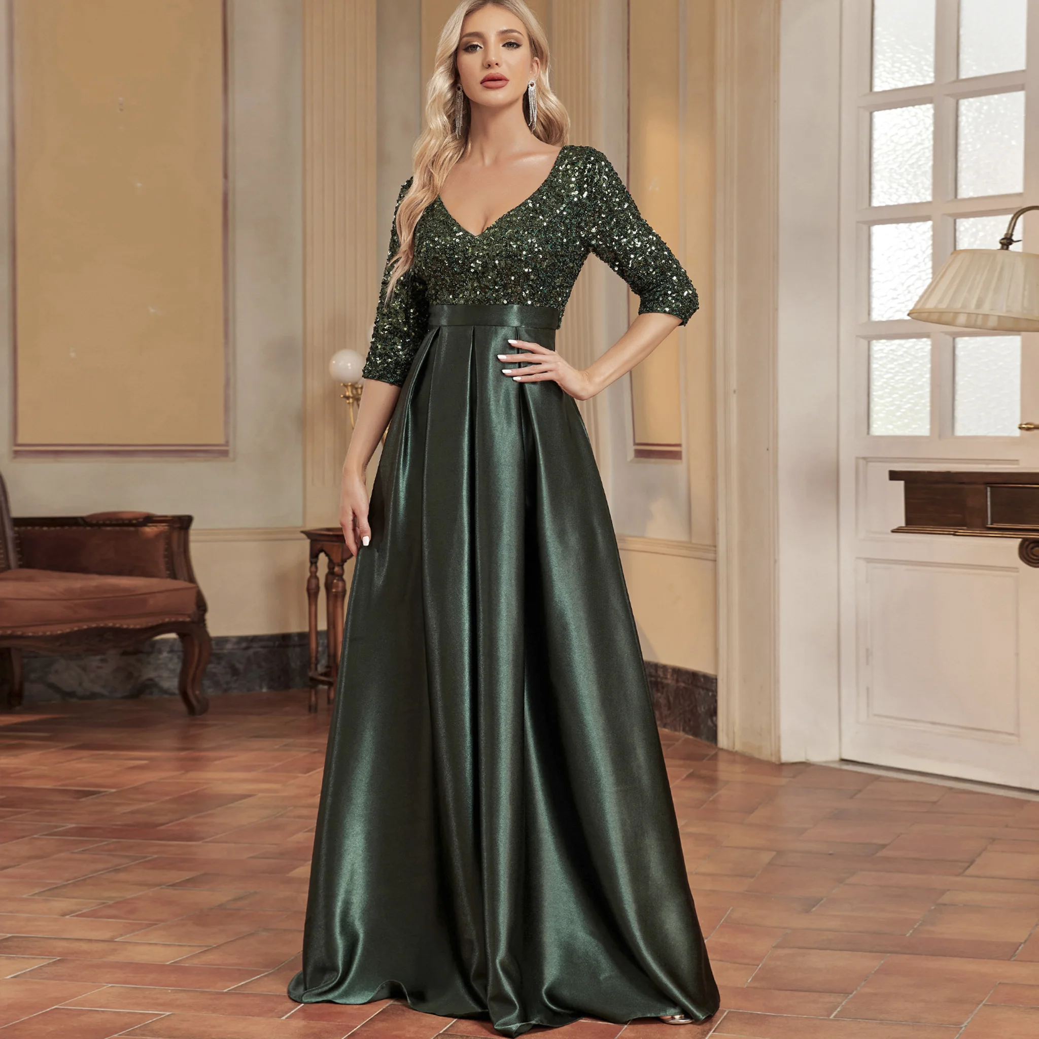 여성용 반소매 스팽글 드레스 포멀 프롬 드레스 이브닝 가운 포켓 포함