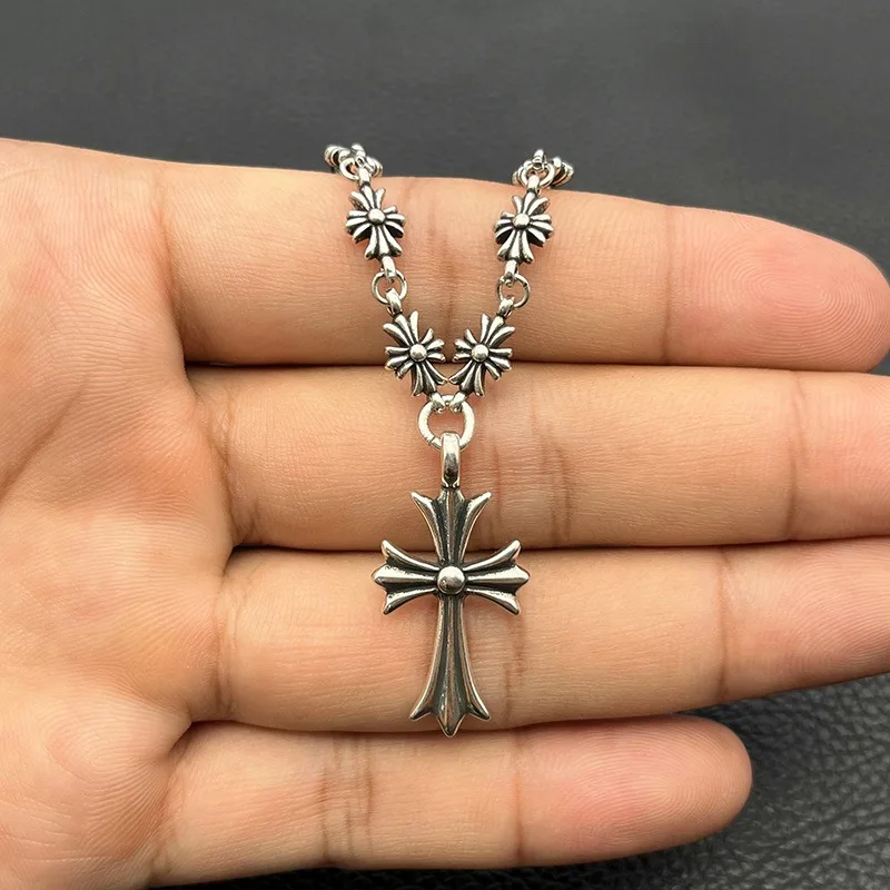 Premium retro cross necklace men's and women's cross flower chain classic integrated chain men's domineering old model