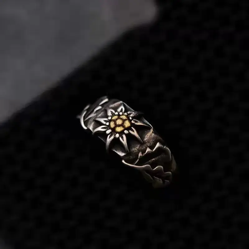 Vintage Silver Color Anniversary Ring Hand Carving Edelweiss Ring for Men Adjustable Engagement Wedding Ring Veteran Jewelry