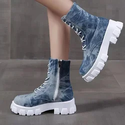 Autumn New Women's Boots 2022 Fashion Denim Camo Women's Ankle Boots Patchwork Fabric Platform Women's Sports Boots