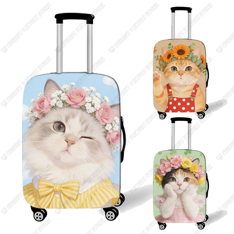 

Чехол для чемодана с рисунком милой кошки, носящей цветочный венок на голове, защитный чехол для чемодана с изображением британской короткошерстной кошки