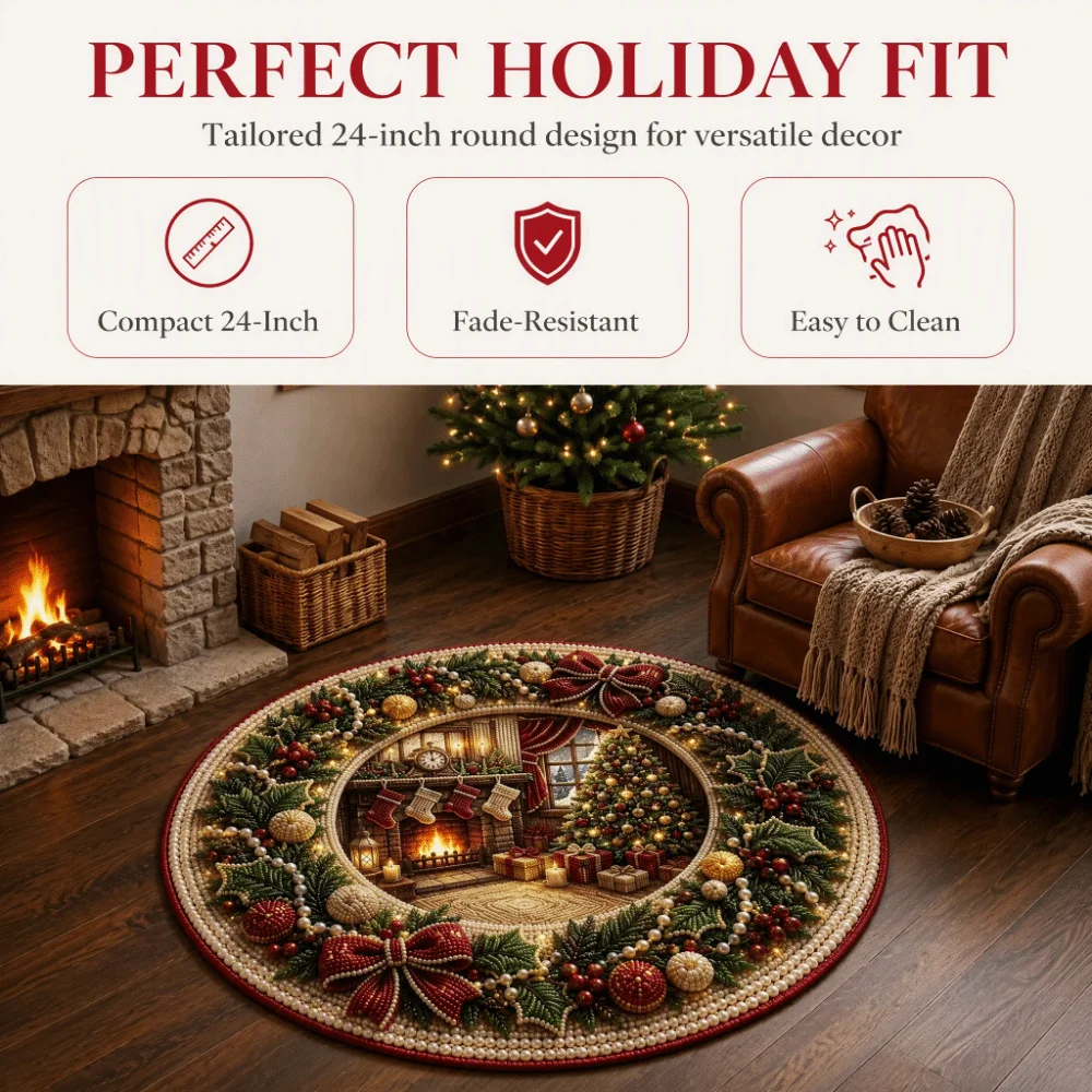60*60cm Christmas Round Carpet 3D Special-shaped Imitation Cashmere Santa Claus Floor Mat Atmosphere Decoration Red
