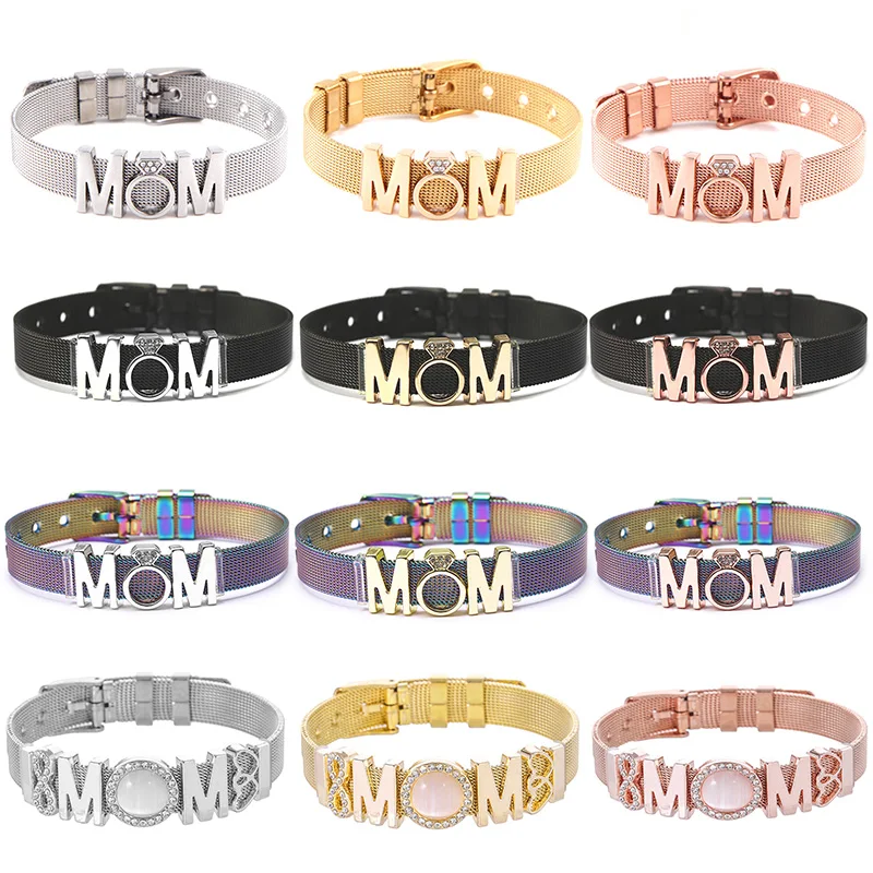 Hot Sale Fashion Jewelry Colorful Mesh Bracelet Set With MOM Charms Fine Bracelet Bangle for Female Mother Gift