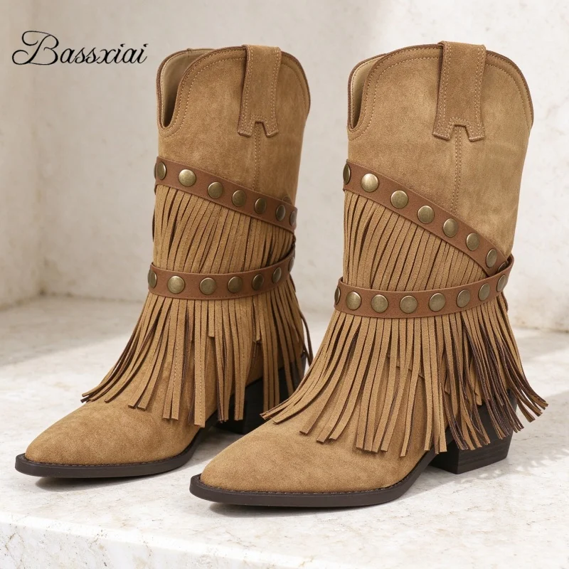 Fringed Tassels Decor Western Boots Women Rivet Buckle Strap Pointed Toe Thick Heel Autumn Winter Modern Booties