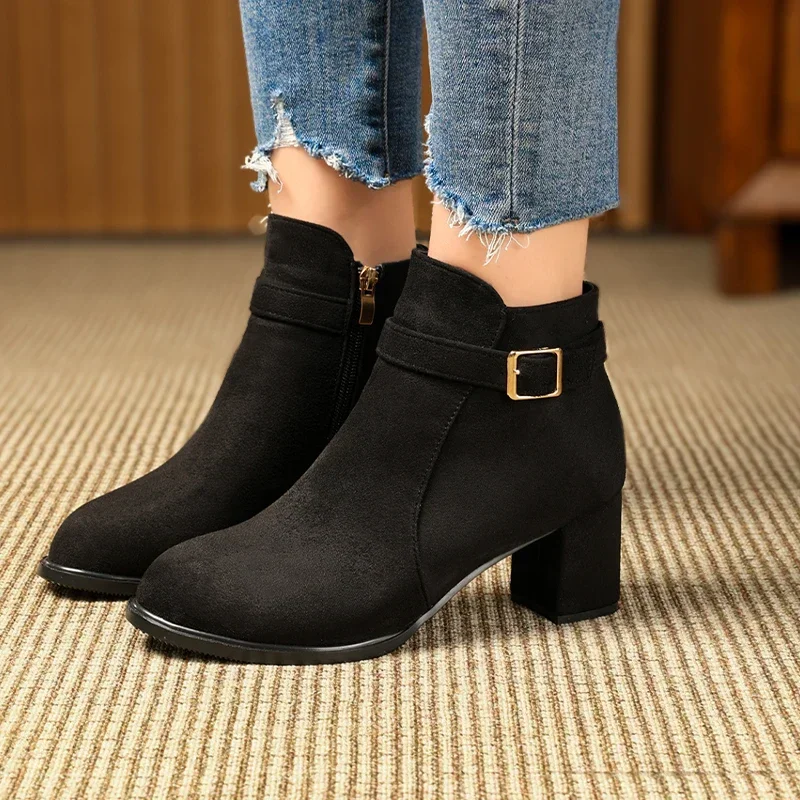 Leopard Suede Women Ankle Boots Mid Heels Chunky Shoes Women's Winter Boots 2025 Trend New Fashion Designer Elegant Female