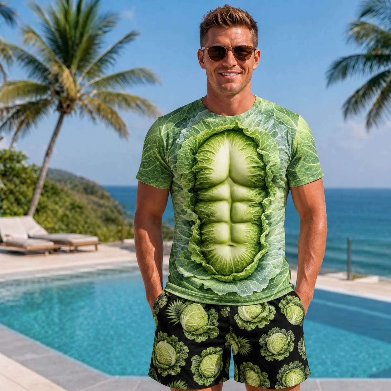 Mens Funny Cabbage Muscle 3D Print T Shirt Vegetable Graphic Tee Quick Dry Breathable Summer Beach Casual Streetwear Top