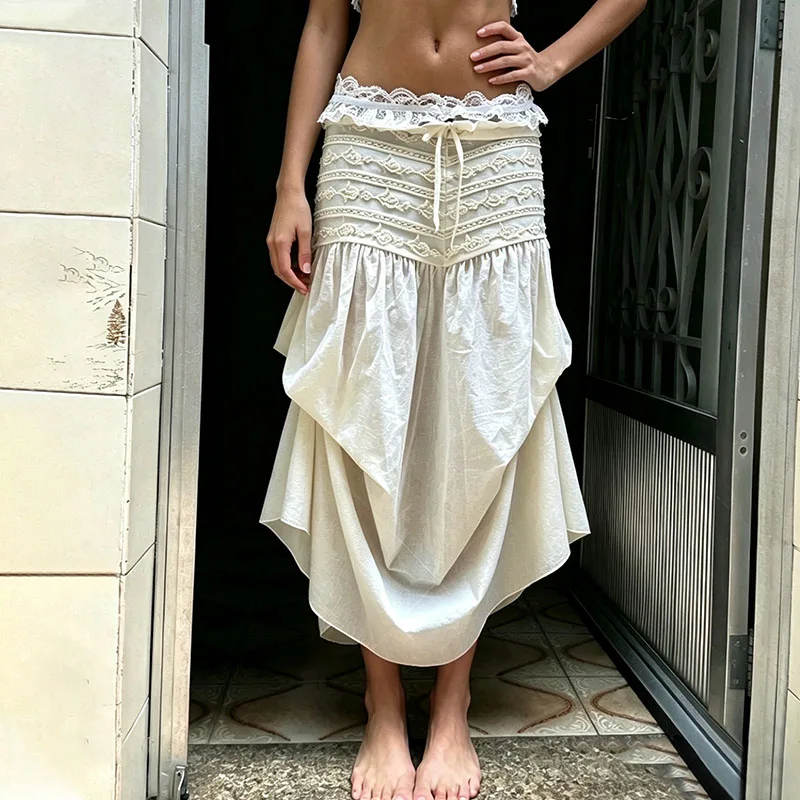 Fashion Lace Embroidery Patchwork Summer Long Skirt Chic Bow Tie Up Irregular Party Skirt White Draped Beach Woman Half Skirts