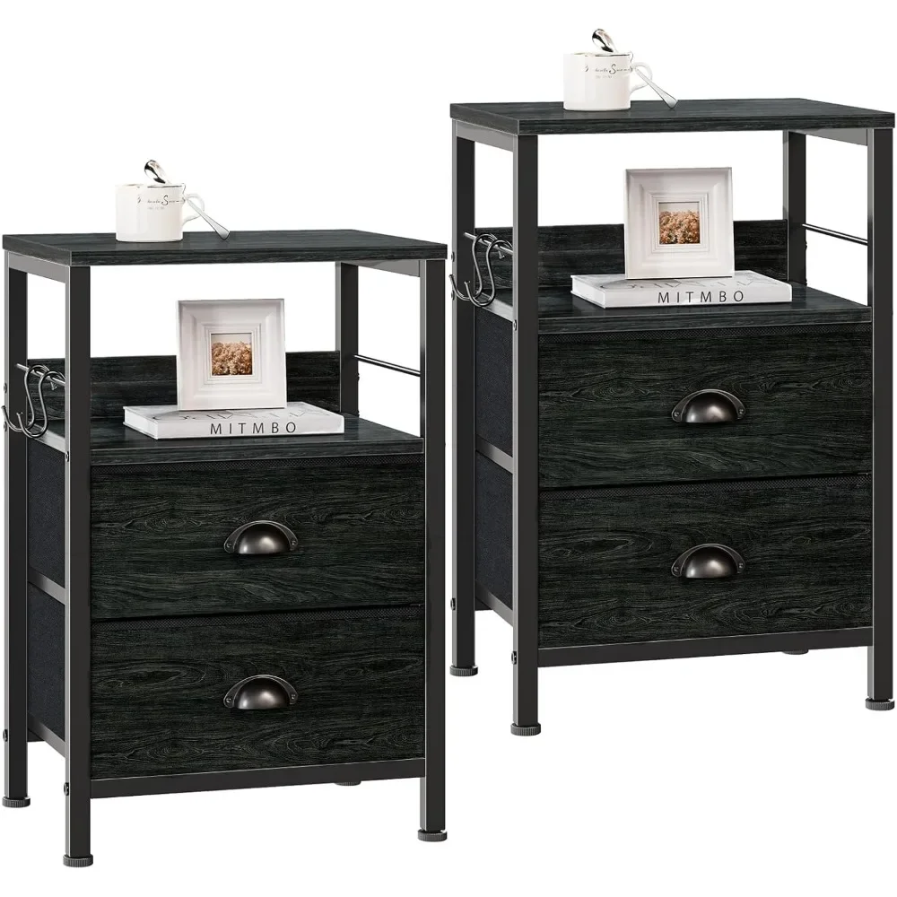 

Nightstands Set 2, End Tables with 2 Fabric Drawers, Bedside Tables with Hooks and Shelf, Side Tables for Bedroom,Nightstands