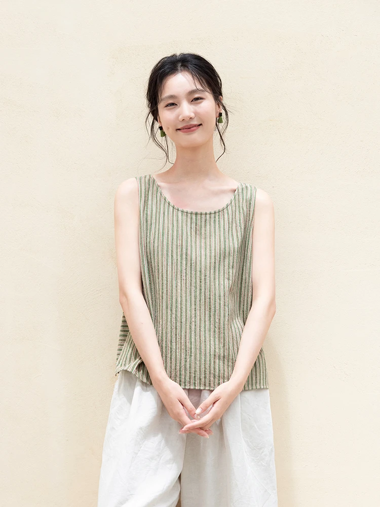 

New Le Collection 00% Cotton Striped Summer Thin Cooling Simple Vest Lin Che Thin Cotton Blend Casual Wear Outerwear