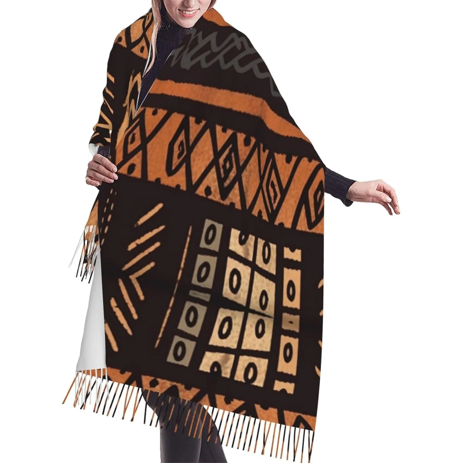 African Mud Cloth Tribal Print Women's Scarfs Warm Winter Scarves Fashion Tassel Shawl Wraps for Indoor Outdoor