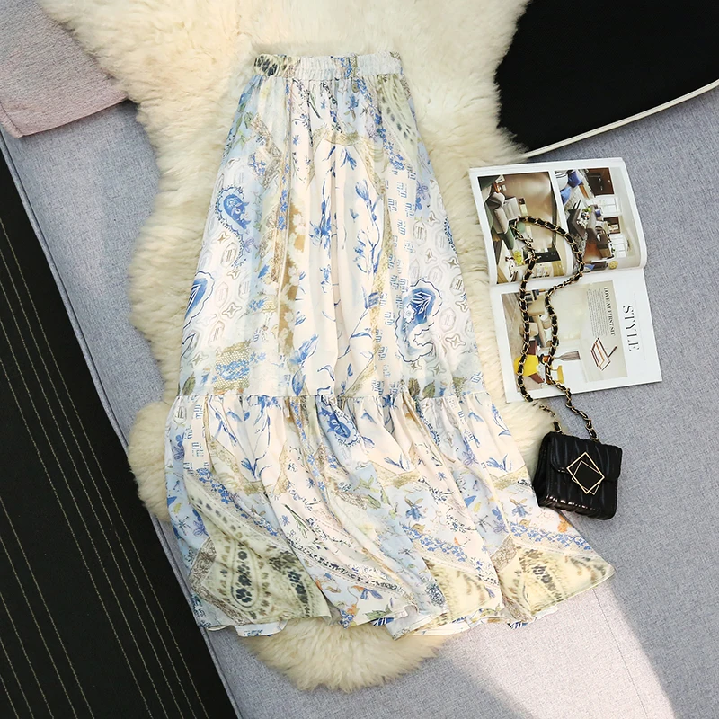 

Новая летняя юбка-макси 2026 года в стиле ретро для отпуска, женская шифоновая плиссированная юбка А-силуэта с высокой талией и эластичным поясом, расклешенная, KN8045