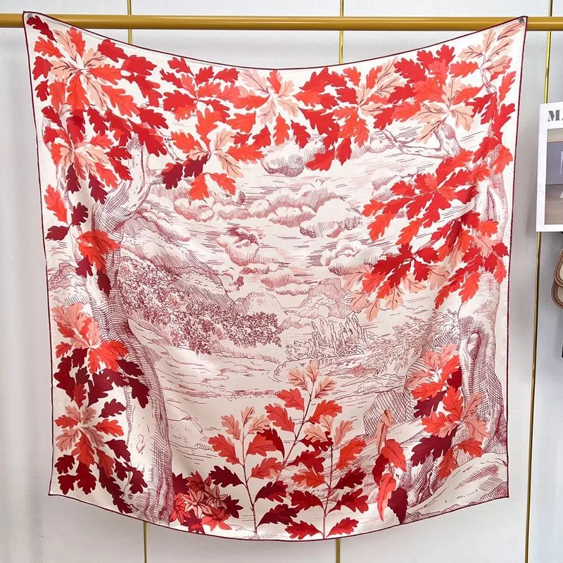 Echarpe-carree-100-soie-de-murier-pour-femme-imprime-feuilles-d'automne-chale-elegant-et-confortable