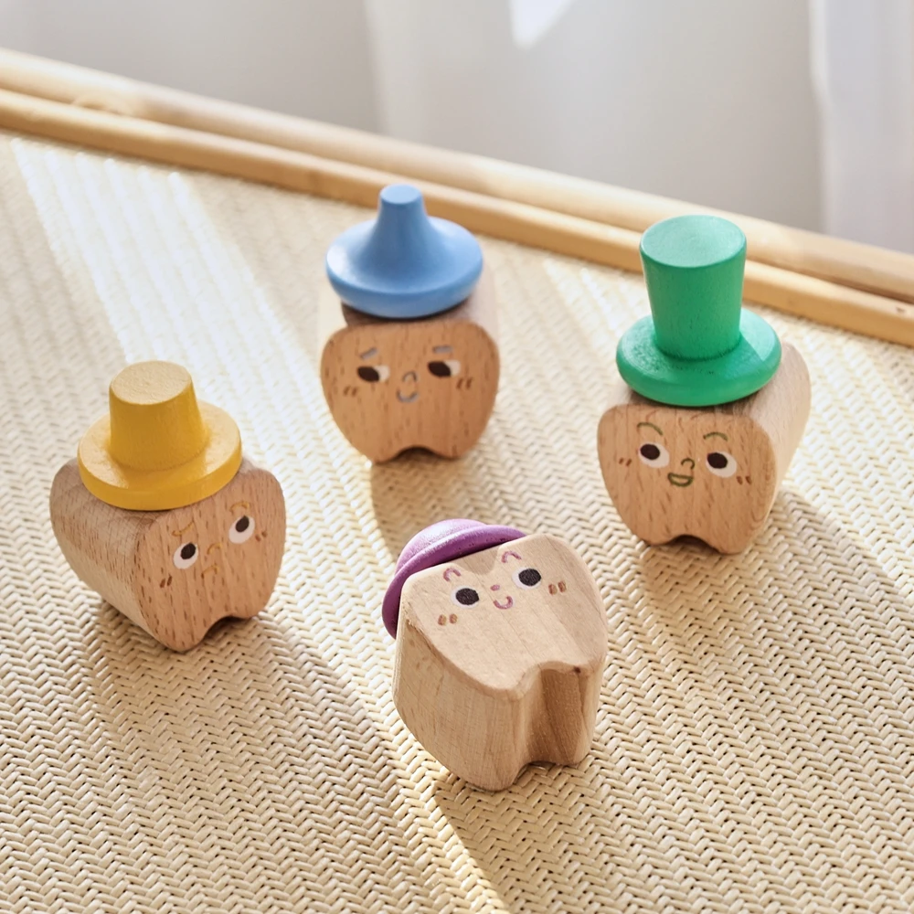 4pc Set Baby Tooth Wooden Box Infant Milk Teeth Organizer Storage Cartoon Tooth Souvenir Box Baby Boys Girls Souvenirs Gifts