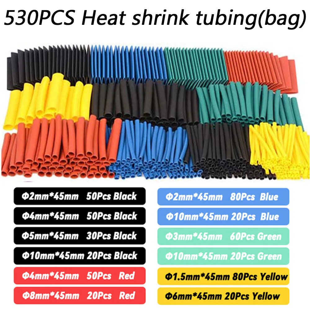 530/328/127pcs Heat Shrink Tube 2:1 Shrinkable Wire Shrinking Wrap Tubing with 300W Hot Air Gun Wire Connect Cover Protection