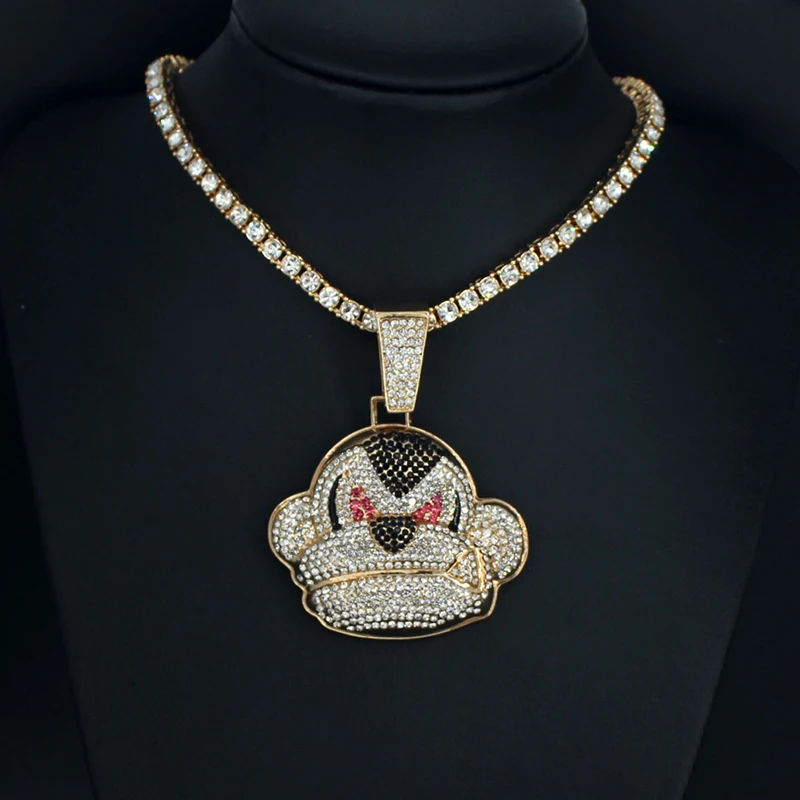 Men Women Hip Hop Rhinestone Cute Monkey Pendant Necklace Twist Rope Tennis Chain Necklaces Hiphop Animal Jewelry Rapper Gift