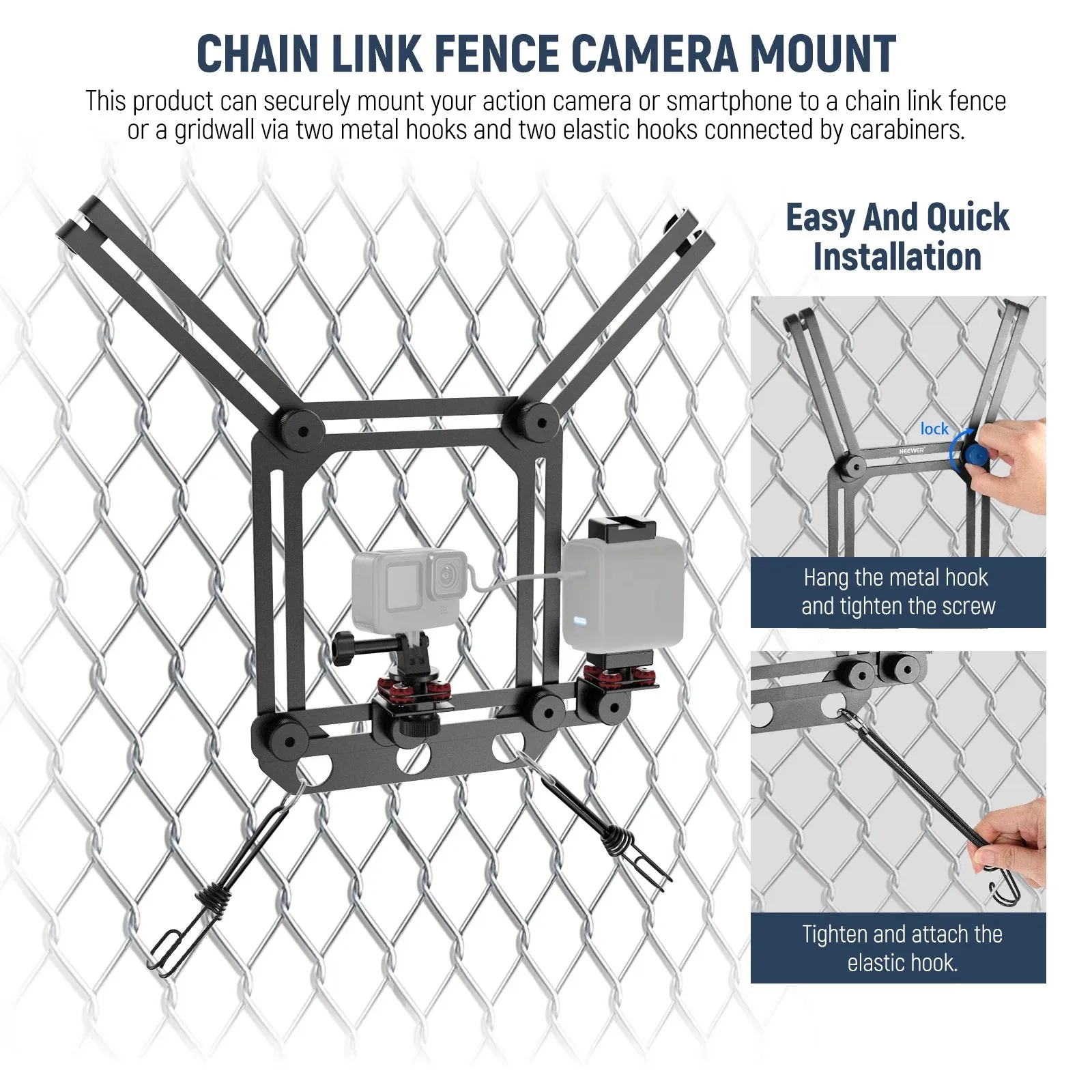 NEEWER PA022 Universal Secure Fence Clamp Quick Release Camera Mount Bracket Fit GoPro DJI Insta360 Cameras