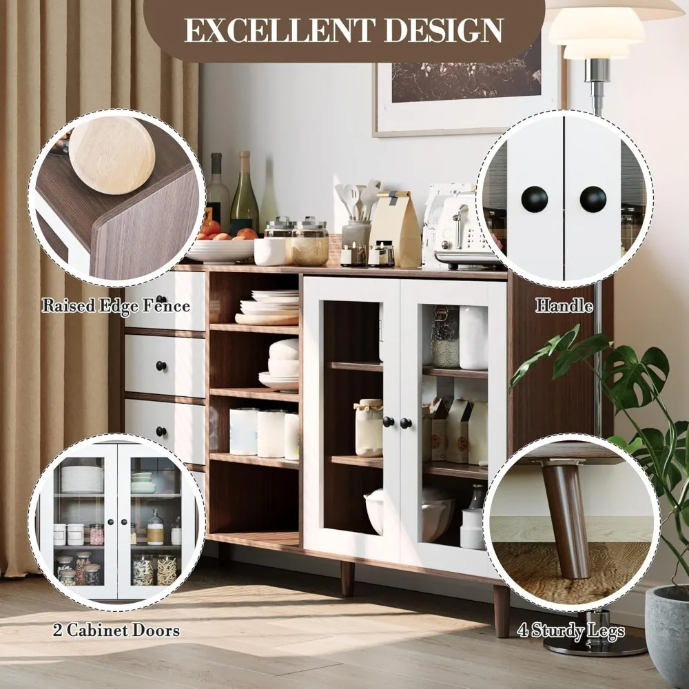 خزانة مع مساحة تخزين، 55.1 طاولة بار قهوة جانبية للمزرعة، مع 4 أرفف قابلة للتعديل، بابين زجاجيين، 4 أدراج، مود