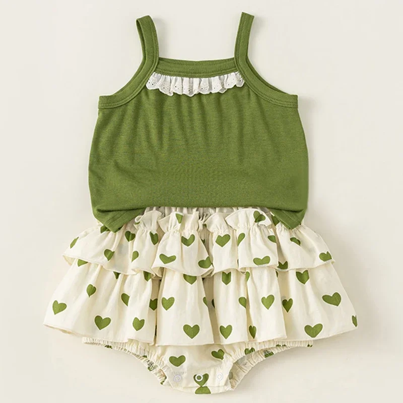 

2Piece Sets Summer Little Girl Clothes Korean Fashion Cute Sleeveless Cotton Green Baby Tops+Print Shorts Kids Clothing BC2135