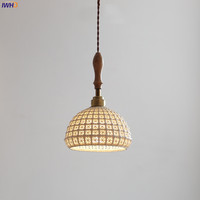 IWHD Japanese Style Ceramic LED Pendant Lights Fixtures Vintage Ash Wood Handle Beside Bedroom Dining Living Room Light Hanglamp