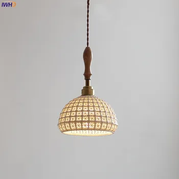 IWHD japoński styl ceramiczne lampy wiszące LED oprawy Vintage uchwyt z drewna jesionowego obok sypialni jadalnia salon światło Hanglamp