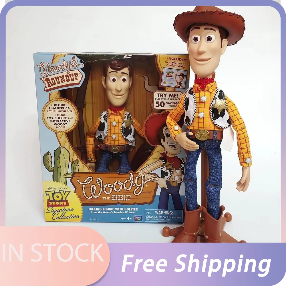 Figurines d'action Disney Pixar Toy Story Woody, film anglais, personnage sonore, poupée en tissu Cowboy, cadeau d'anniversaire pour enfants, en Stock