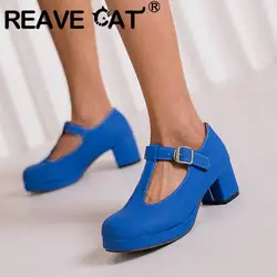 REAVE CAT décolleté femminili punta tonda tacchi grossi 5.5cm fibbia piattaforma T-strap Concise scarpe da donna quotidiane 46 47 48