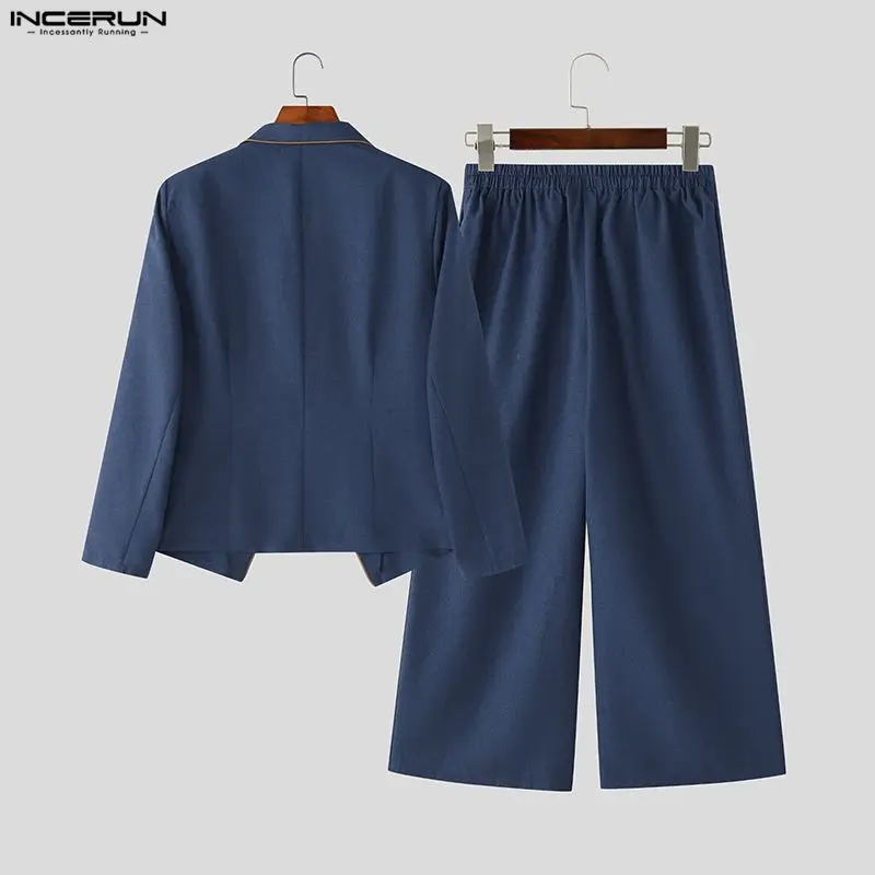 Incerun conjuntos masculinos retalhos elegante manga longa blazer & calças de perna larga duas peças define streetwear moda masculina ternos casuais