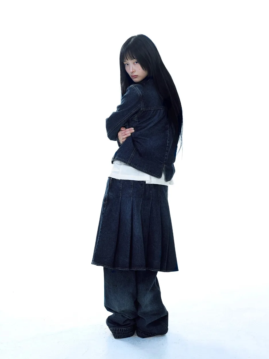 Retro Japanse Sle Waed Denim Jaet plooirok Casual broek Button-up irt Long Sve Cotton Regular Fit