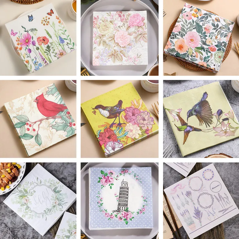 

20pcs/pack 33x33cm Birds Flower Paper Cocktail Wedding Birthday Party Decoration 2-Ply Square Dinner Napkins