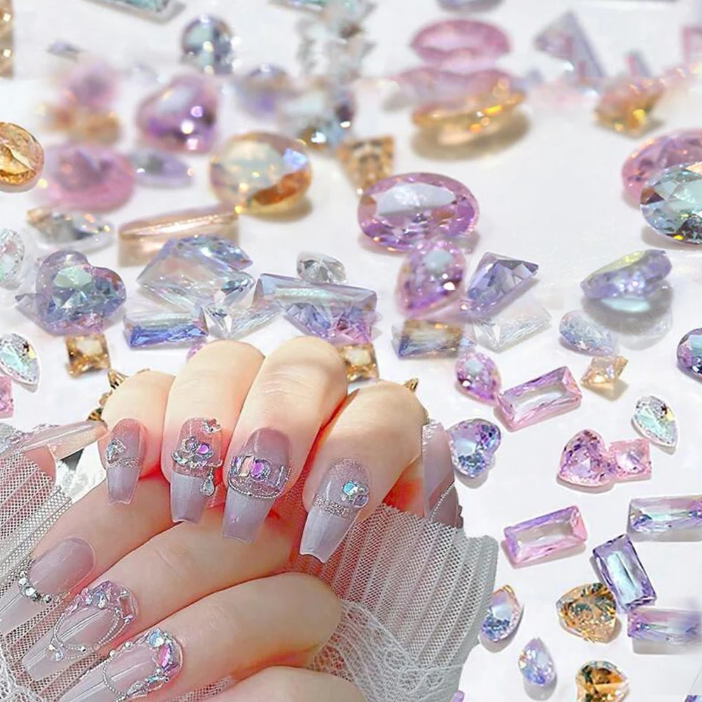 50PCS 5A 스파클 미니 지르콘 네일 아트 라인 석 오로라 얼음 반투명 코냑 네일 다이아몬드 믹스 모양 보석 매니큐어 참 데코