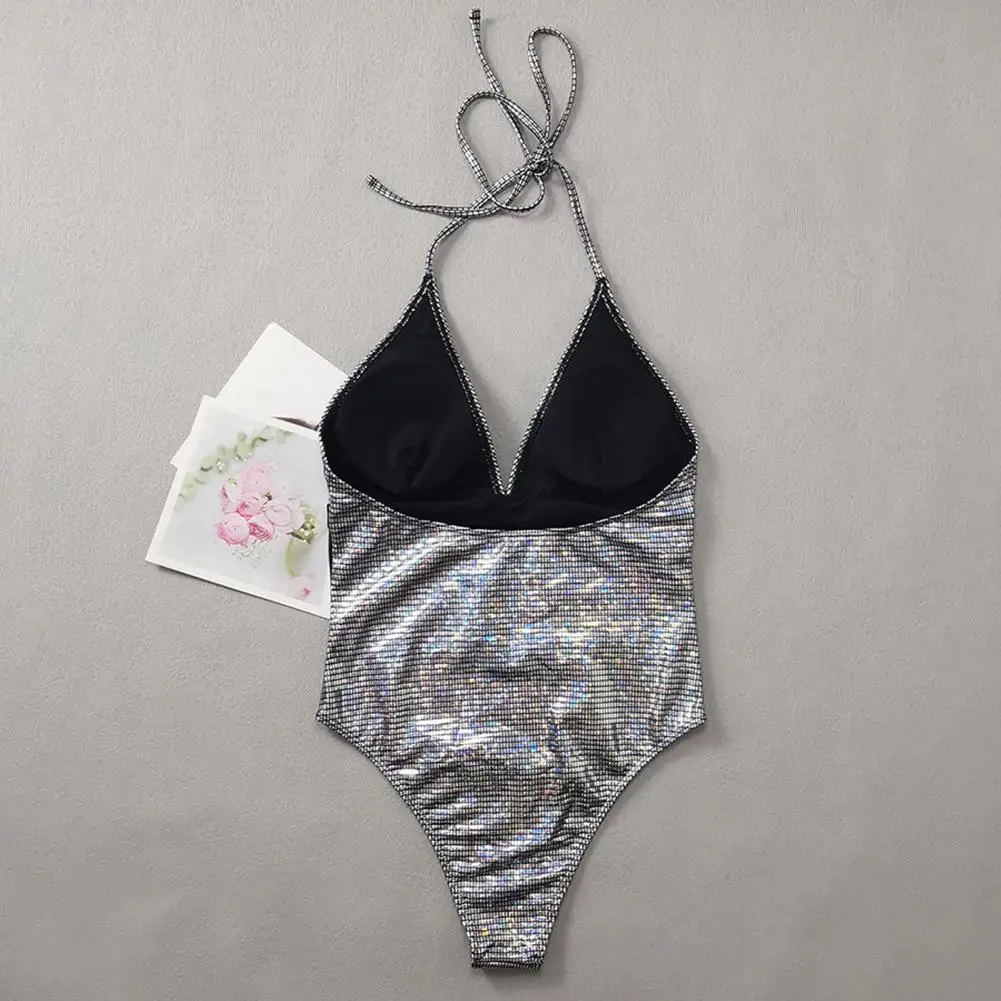 Maillot de bain sexy à sequins pour femmes, monokini orné de sequins, patchwork de sequins, col licou haut à lacets, vêtements de plage