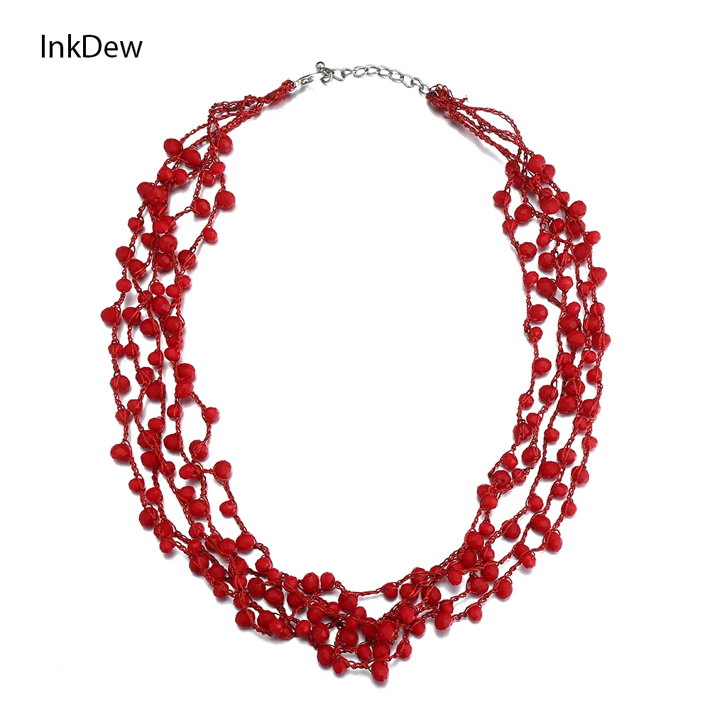 INKDEW Beads Layered Necklace for Women Handmade Threading Crystal Stone Necklace Jewelry Strand Choker Bohemia Multicolor NE014