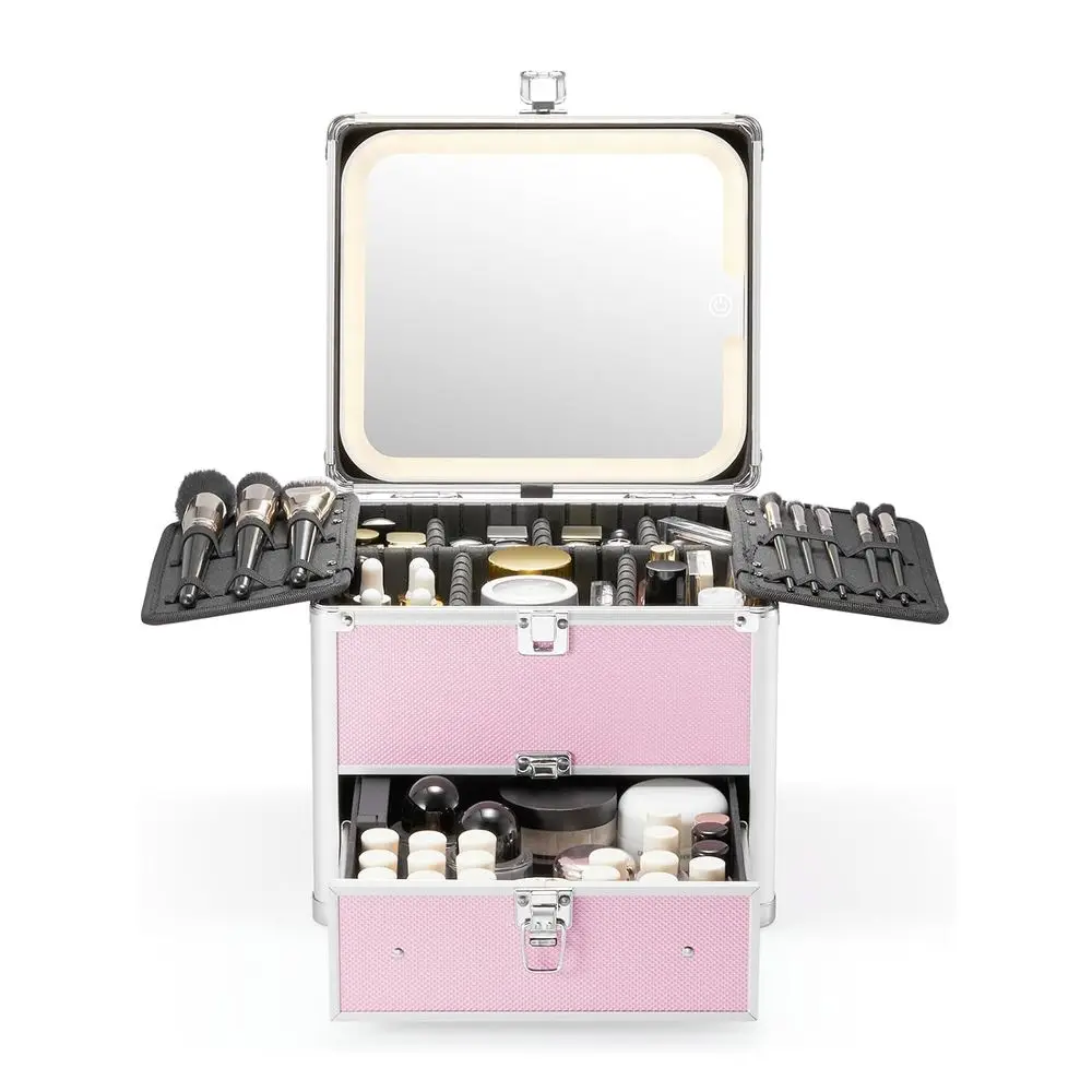 

Makeup Box with Drawer and A Detachable Lighted Mirror, Waterproof Travel Train Case, Cosmetic Organizer and Makeup Suitc