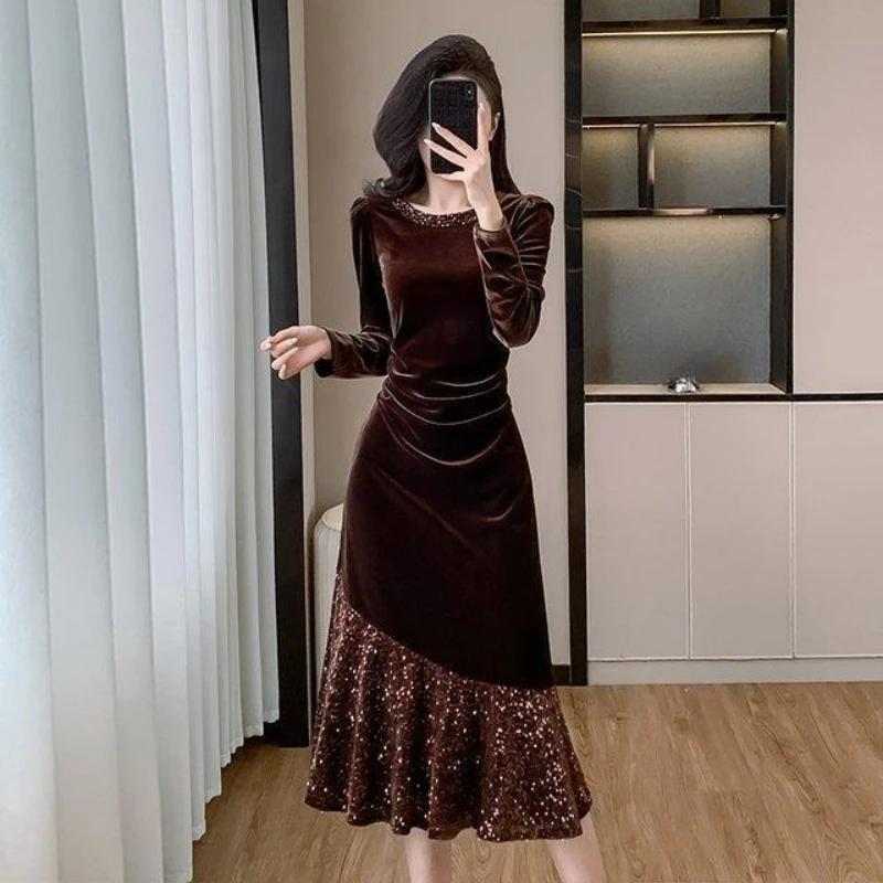 2025 Spring Fall Women French Style Sequined Brown Velvet Dress , Woman Female Ruffled Velour Dresses