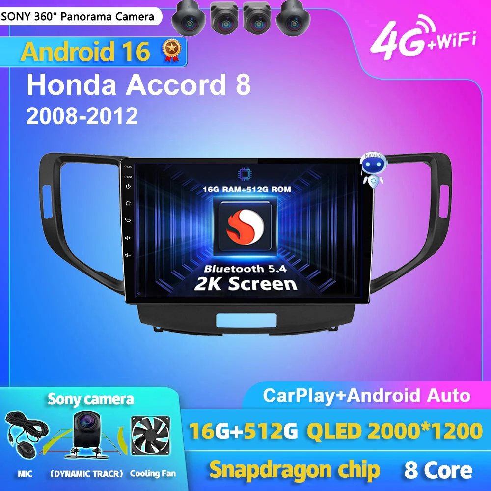 Android 16 Carplay Auto DSP 2K Screen Car Radio Multimedia Player For Honda Accord 8 2008-2012 Autoradio Stereo 2din Head Unit