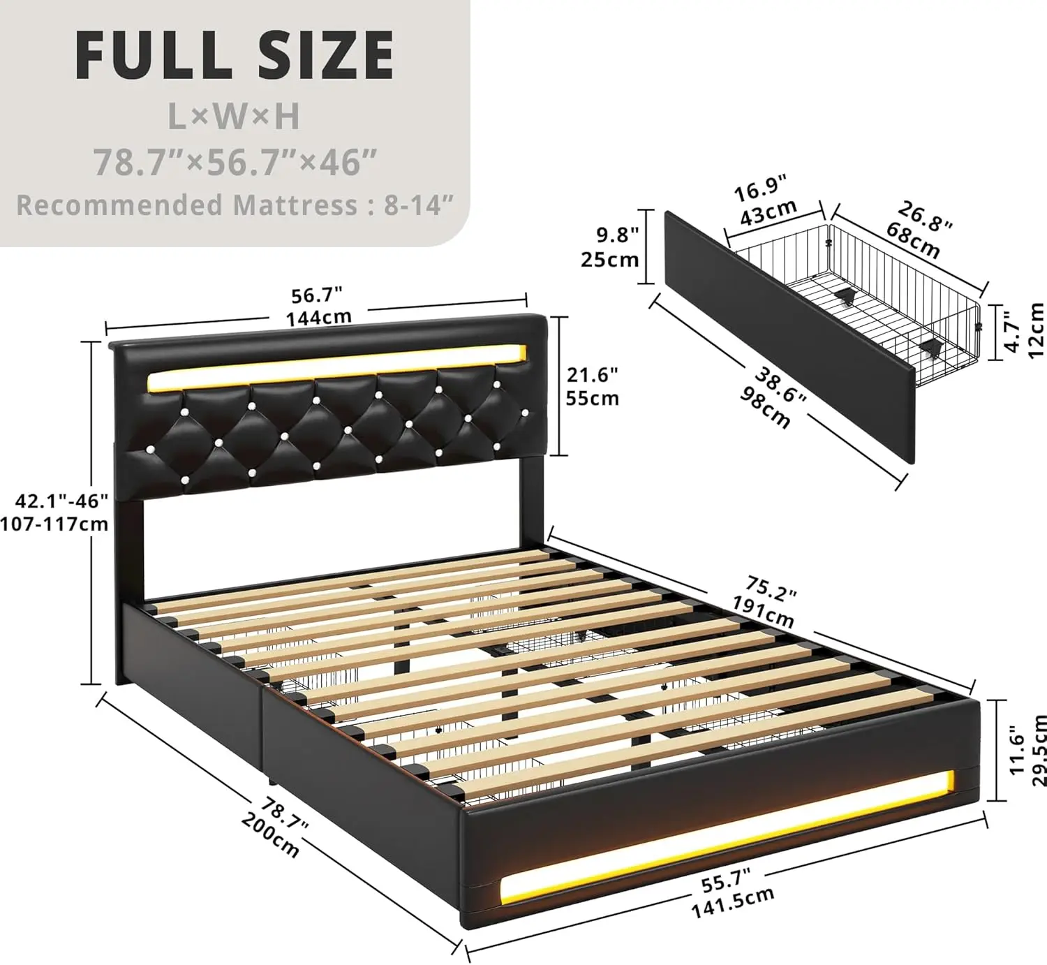 Full Size Bed Frame Met Led Licht, Pu Lederen Platform Bed Frame Met 4 Laden, Verstelbare Kristallen Knop Getufte Hoofdeinde, Zwart